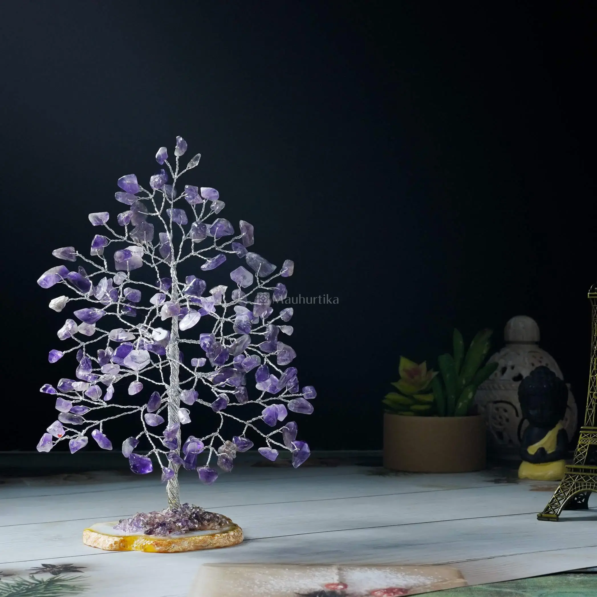 Amethyst Gemstone Money Tree (Agate Slice Base) - Prosperity Tree