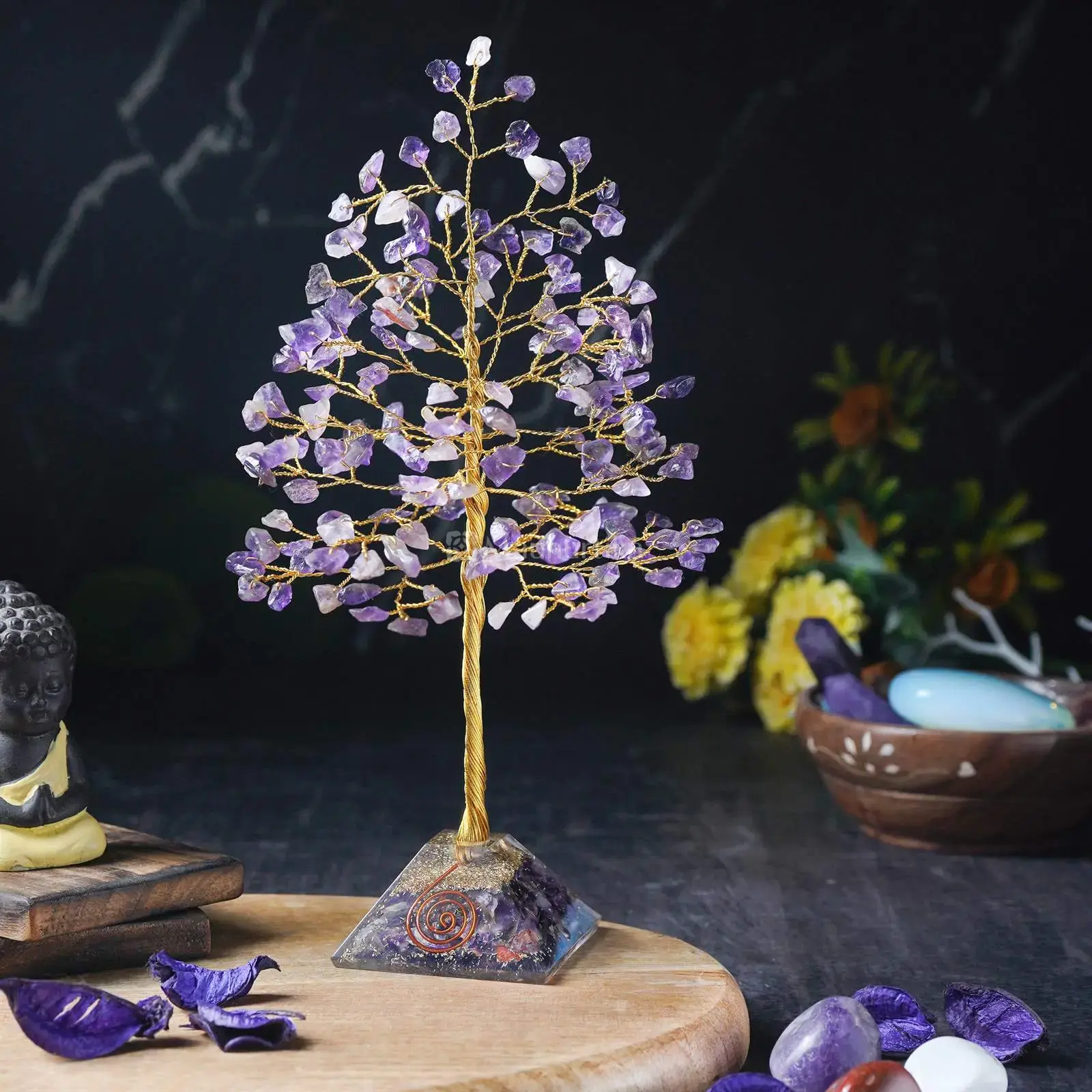 Amethyst Gemstone Tree (Orgone Pyramid Base) - Spiritual Energy Tree