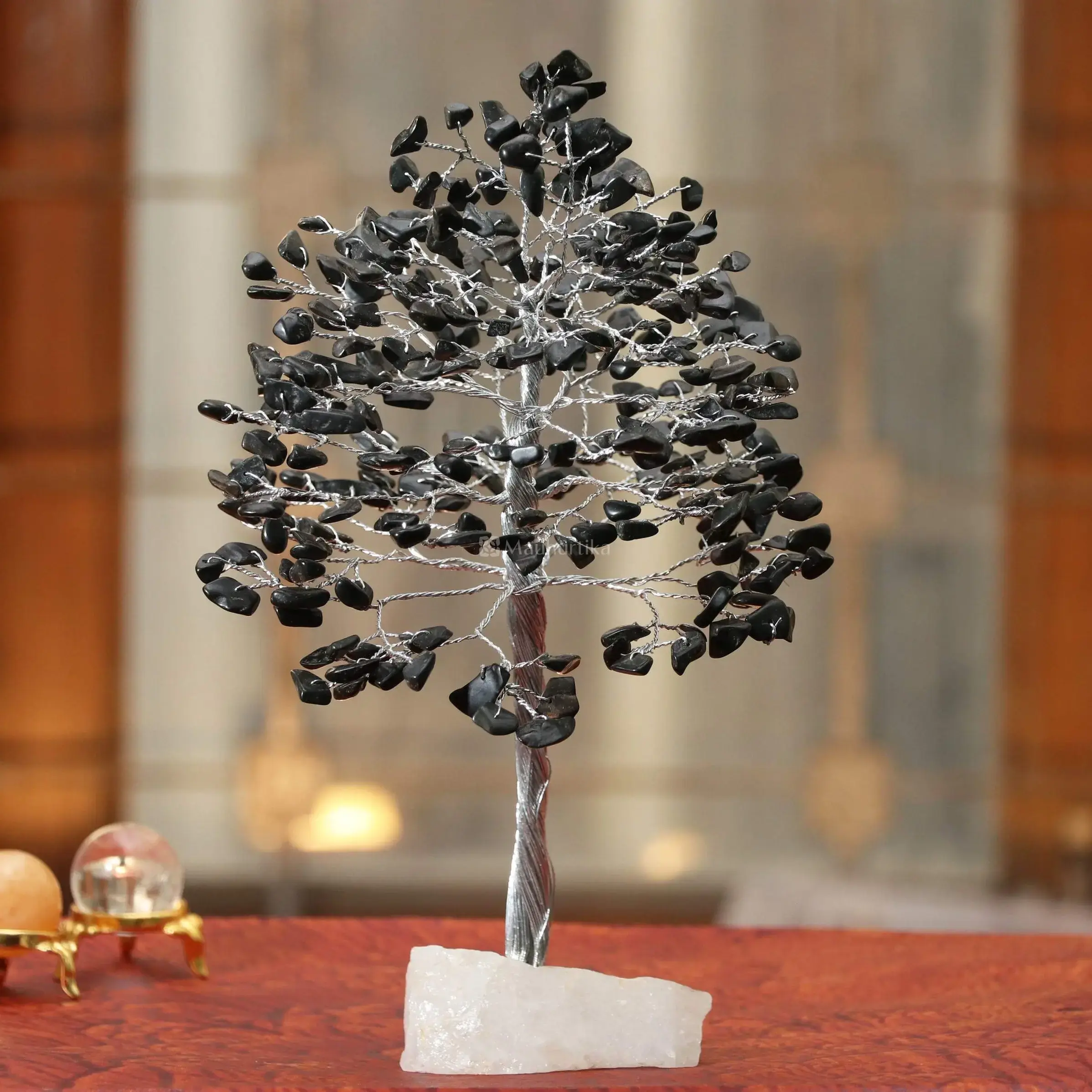 Black Tourmaline Gemstone Tree of Life (Quartz Base) - Spiritual Protection