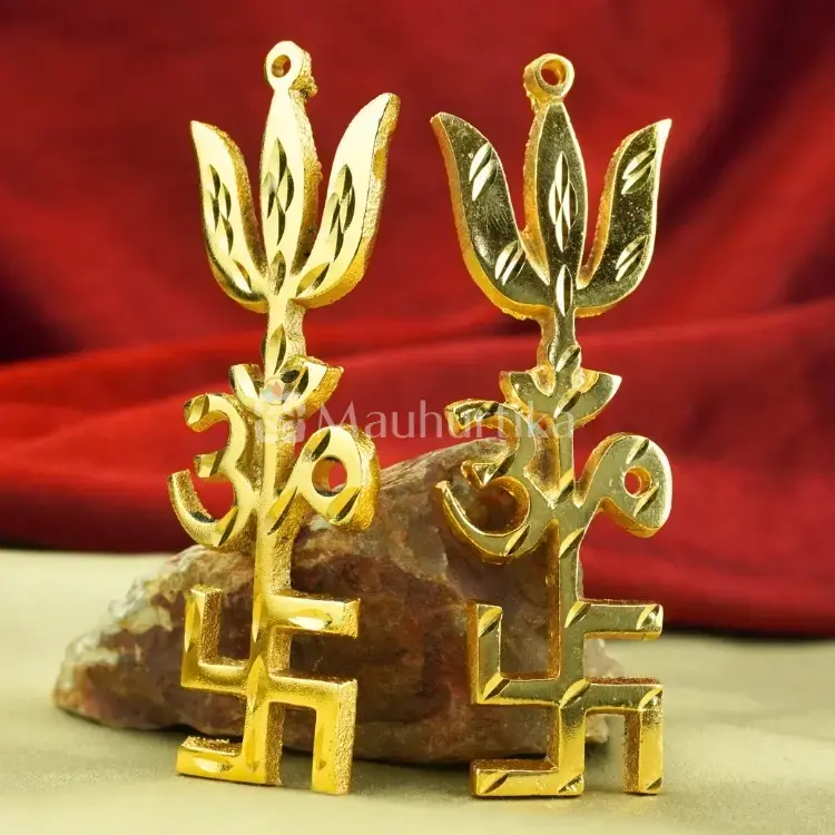 Brass Tri-shakti Yantra (Swastik Om Trishul Symbol) - Pair - Spiritual Protection