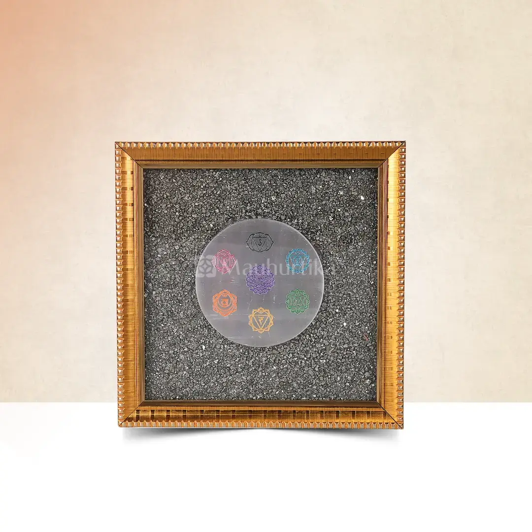 Pyrite Dust Frame With 7 Chakra Symbol Carved Selenite Plate - Spiritual Harmony Yantra
